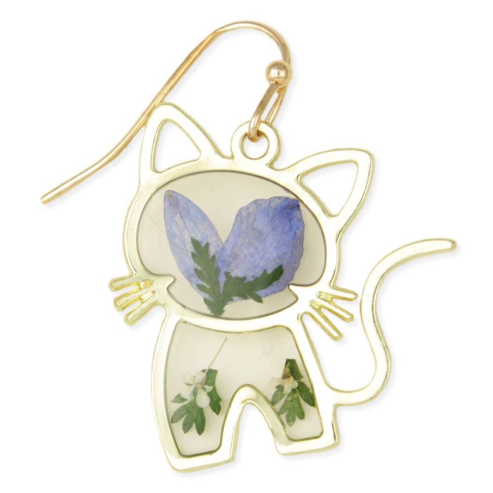 Gold Cat Earrings Blue Dried Flower Drop Earrings
